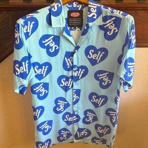 Petals And Peacocks Self Love Men’s Size Small Blue Heart Funny Button Up Shirt